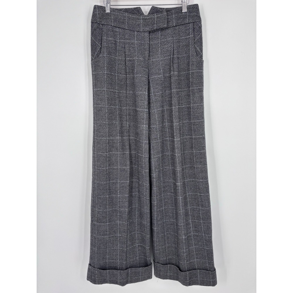 Diane von Furstenberg Corazon Wool Herringbone Wide Leg Pants Womens 6 Grey